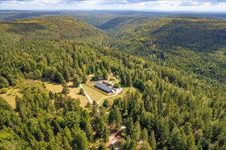 Aerial view of the Gruenhuette restaurant in the middle of the Endless Forest