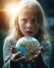 A girl with a reproachful look holds a globe in her two hands