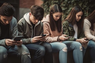 A group of young people occupy themselves with their mobile phones