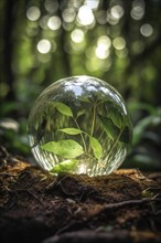 A glass ball in which a green shrub grows