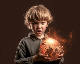 An angry young boy holds a burning globe in his hands