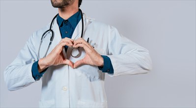 Doctor hands making heart shape isolated. Doctor making heart gesture with hands. Concept of love and medicine