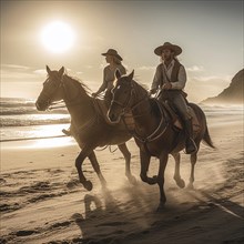 Two horsemen in natural surroundings ride along the sea