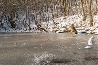 Small fish pond covered with ice in warm sunlight surrounded by snow-covered forest