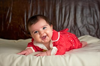A laughing dark-haired baby in a red romper suit