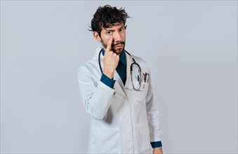 Male doctor making gesture of watching you. Doctor making gesture of watching you. Concept of doctor with surveillance gesture