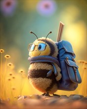 A cute honey bee with glasses carrying a schoolbag on its way through a summer meadow
