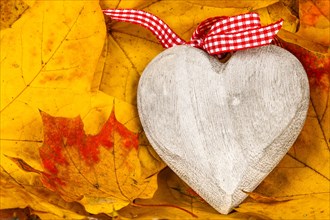 Wooden Heart on Autumn Leaves