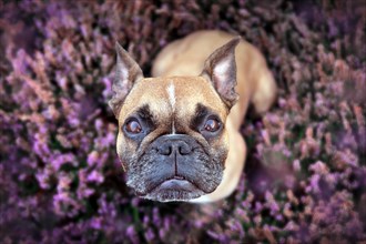 Top view of beautiful small brown French Bulldog dog sitting in a field of purple blooming heather 'Calluna vulgaris' plants