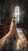 A bride with long white veil in a church