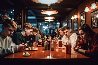 A group of young people in a restaurant are bored with their mobile phones
