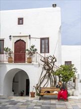 Young woman with red skirt sitting on a bench with sleeping cats
