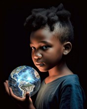 A young African boy gently holds a glowing globe in his hand