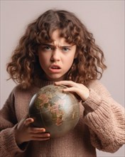 A dark-haired girl with an angry look holds a globe protectively in her arms