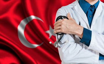 Doctor with stethoscope on turkey flag. Health and care with the flag of Turkey. Turkish national health concept