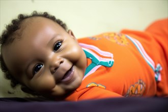 A laughing African baby in an orange romper suit