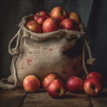 Old sack with apples in natural and rustic environment