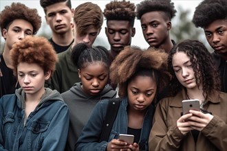 A group of young people boredly occupy themselves with their mobile phones