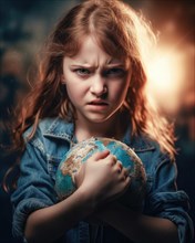 A red-haired girl with a desperately angry look holds a globe protectively in her arms