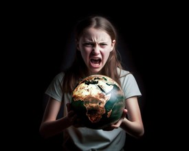 A 15-year-old girl with dark hair is holding a globe in her hands in rage and screaming