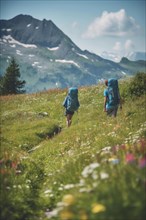 Two mountain hikers with backpacks