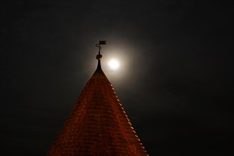 Weather vane on the roof of a historic building in front of a milky full moon