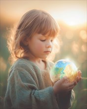 A little girl gently holds a globe in her hands