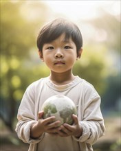 A young Asian boy gently holds a globe in his hands