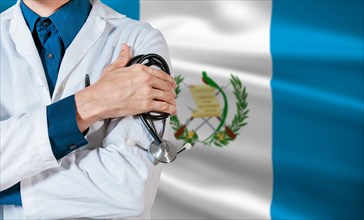 Doctor with stethoscope on guatemala flag. Health and care with the flag of Guatemala. Guatemala national health concept