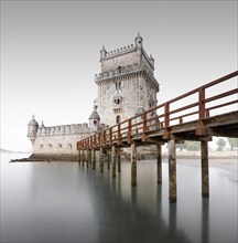 Minimalist long exposure in the square of the Torre de Belem on the river Tejo in Lisbon