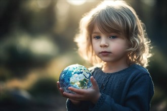 A young child gently holds a globe in her hands