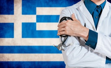 Doctor with stethoscope over greece flag. Health and care with flag of greece