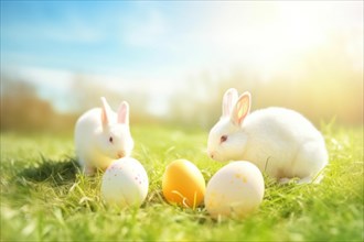 Two cute Easter bunnies in front of colourful Easter eggs in a green spring meadow under a blue sky