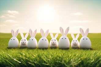 Eight Easter Eggs with Bunny Ears as Easter Bunnies in a Green Spring Meadow