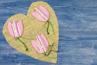 Fabric tulips on a linen heart