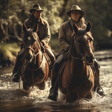 Two riders in natural setting riding through a small stream