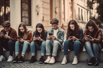 A group of young people in a city are bored with their mobile phones