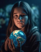 A 10-year-old girl with a serious look holds a glowing globe in her hands
