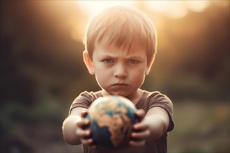 A five-year-old blond boy with an angry look holds a globe in his outstretched arms
