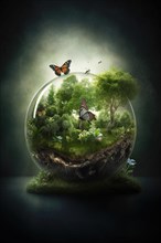 A glass sphere containing an intact ecosystem with trees