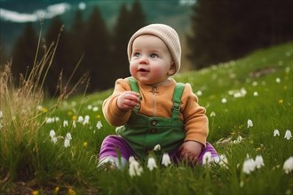 A baby in a woolly hat sits on a green alpine meadow in the mountains among white flowers