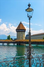 Chapel Bridge over Reuss River with a Street Lamp in Lucerne