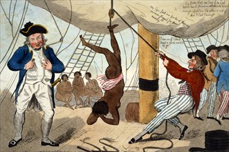 The abolition of the slave trade or the inhumanity of human traffickers using the example of Captain Kimber. The print shows a sailor on a slave ship hanging an African girl by her ankle from a rope a...