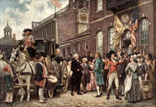 Washington's Inauguration in Philadelphia. The image shows George Washington arriving at Congress Hall in Philadelphia