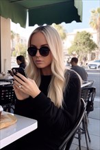 A young woman in her early twenties with blonde hair and dark sunglasses sits in a street cafe looking at her mobile phone
