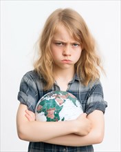 A young girl with a reproachful look holds a globe in her arms in frustration