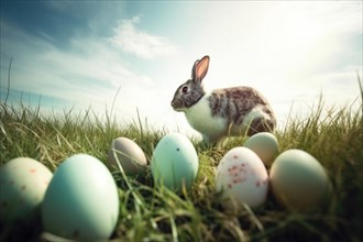 A cute Easter bunny in front of colourful Easter eggs in a green spring meadow under a blue sky