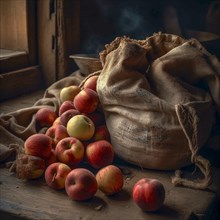 Old sack with apples in natural and rustic environment