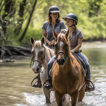 Two riders in natural setting riding through a small stream