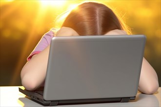 A little blonde girl sits desperately in front of a notebook